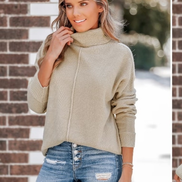 Tops | Beige Turtleneck Oversized Swater | Poshmark